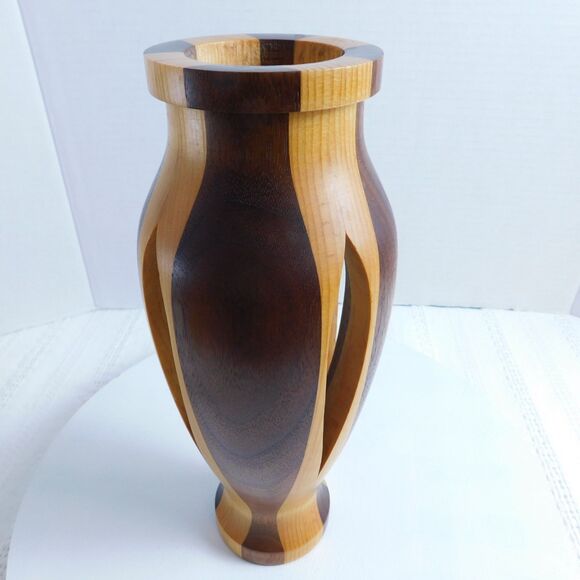 Hand Turned Wooden Vase Tea-Light Candle Holder Stripe Walnut Birch? Wood Decor - Picture 2 of 15